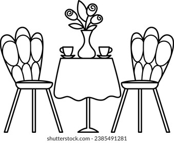 Vector black and white table with chairs, vase with flowers, coffee cups. Cute piece of furniture. French symbol line icon or coloring page. Romantic cafe scene illustration
