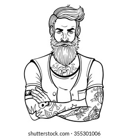 Vector Black And White Tattoo Bearded Man Illustration