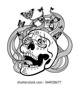 Vector Black and White Tattoo Butterfly Skull