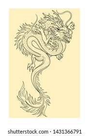Vector Black and White Tattoo Dragon Illustration. Traditional Asian Dragon. Hand drawn Silhouette. Graphic sketch for tattoo, poster, clothes, t-shirt design, pins, badges, stickers and coloring book