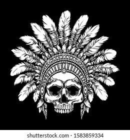 Vector black and white tattoo illustration of indian warrior skull in feathers traditional hat. Native american tribal chief hand drawn background