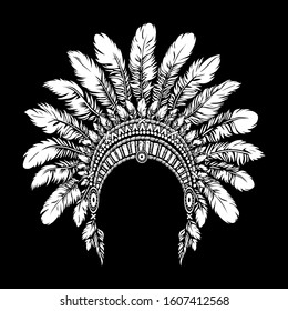 Vector black and white tattoo illustration of indian feathers traditional hat. Native american tribal chief hand drawn headdress