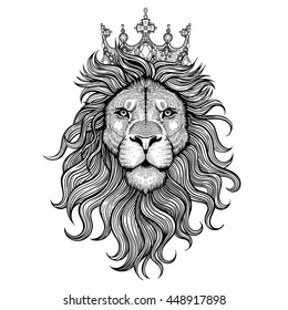 Vector Black and White Tattoo King Lion Illustration