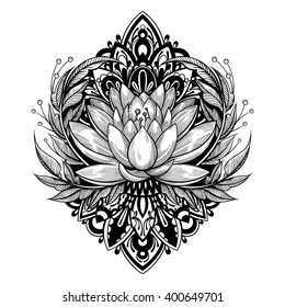 Vector Black And White Tattoo Lotus Illustration