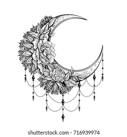 Vector Black and White Tattoo Moon Illustration