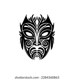 Esbozo vectorial de tatuajes en blanco y negro de una máscara de dios polinesia.