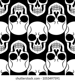 Vector Black and White Tattoo Skull Seamless Pattern