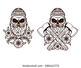 Vector black and white Tattoo of skull lumberjack. Print design of skull with axes and flowers in hipster style. Design logotype of skull with beard and mustache