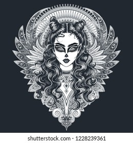 Vector Black and White Tattoo Skull Girl Illustration