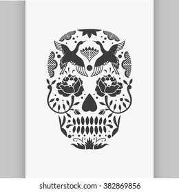 Vector Black and White Tattoo Skull Illustration. Vector poster or t-shirt print.