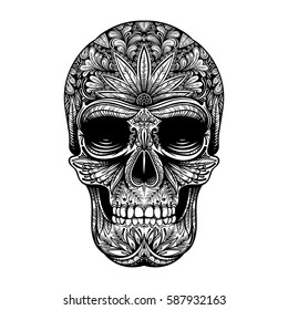 Ilustración del cráneo del tatuaje blanco y negro vectorial sobre fondo blanco