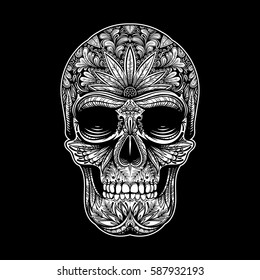 Ilustración del cráneo del tatuaje blanco y negro vectorial