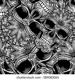 Vector Black And White Tattoo Skull Seamless Pattern