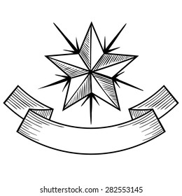 Vector Black And White Tattoo Star Ribbon Illustration