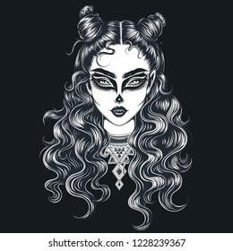 Vector Black and White Tattoo Sugar Skull Girl Illustration