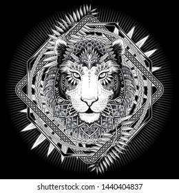 Vector Black and White Tattoo Tiger Face Illustration