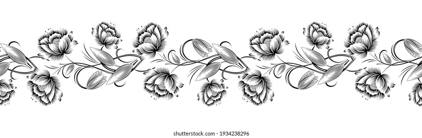 Vector black and white textile floral border