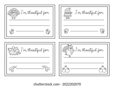 Vector black and white Thanksgiving cards set. Im thankful for horizontal line templates collection with cute turkey, pumpkin, owl, hedgehog. Autumn outline holiday frame designs for kids.
