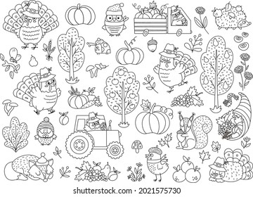 Conjunto de elementos vectoriales de Acción de Gracias en blanco y negro. Colección de iconos de la línea de otoño con pavo, animales, cosecha, cornucopia, calabazas, árboles. Paquete de contorno de vacaciones de otoño con coche, tractor, fruta
