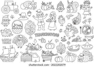 Conjunto de elementos vectoriales de Acción de Gracias en blanco y negro. Colección de íconos de línea de otoño con peregrinos graciosos, nativos americanos, pavo, animales, cosecha, cornucopia, calabazas. Paquete de vacaciones de otoño de esquema
