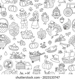 Vector black and white Thanksgiving seamless pattern. Outline autumn repeat background with funny pilgrims, native American, turkey, animals, harvest. Line fall holiday digital paper
