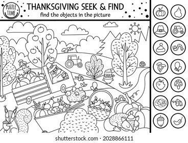 Vector black and white Thanksgiving searching game or coloring page with cute turkey in the field. Spot hidden objects. Simple seek and find s outline autumn or farm printable activity 
