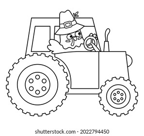 Vector black and white Thanksgiving turkey in pilgrim hat. Autumn bird line icon. Outline fall holiday animal driving tractor isolated on white background. Harvest gathering concept
