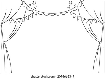 Vector black and white theater or circus stage with curtains, flags and place for text. Concert scene line background. Hall decoration. Holiday event or entertainment show coloring page
