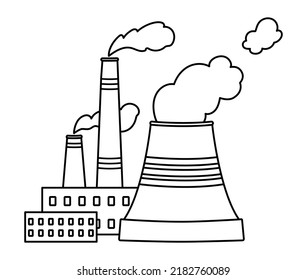 Vector black and white thermal power station icon. Electricity factory line illustration. Traditional energy source illustration. Cute earth day landscape, scene or coloring page
