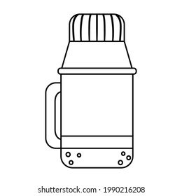 Vector black and white thermos bottle isolated on white background. Winter or camping traditional warming drink outline illustration. Hiking hot beverage or tea flask line icon.
