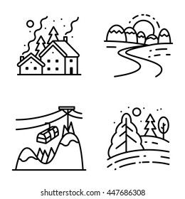 Vector black and white thin simply icons set with winter cute landscapes in line art style. Collection of night Christmas snowy houses, sunrise in mountains, lift at the peak and day in the forest 