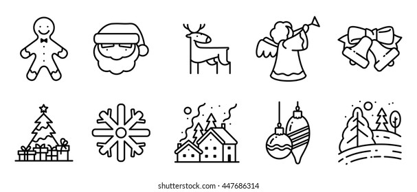 Vector Black And White Thin Simply Icons Set With Christmas Holidays In Line Art Style. Pine Tree With Gifts, Winter Night Snowy Landscape, Decorations, Santa, Angel, Deer And Gingerbread Characters