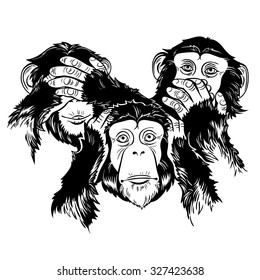 Vector Black and White Three Monkey Illustration