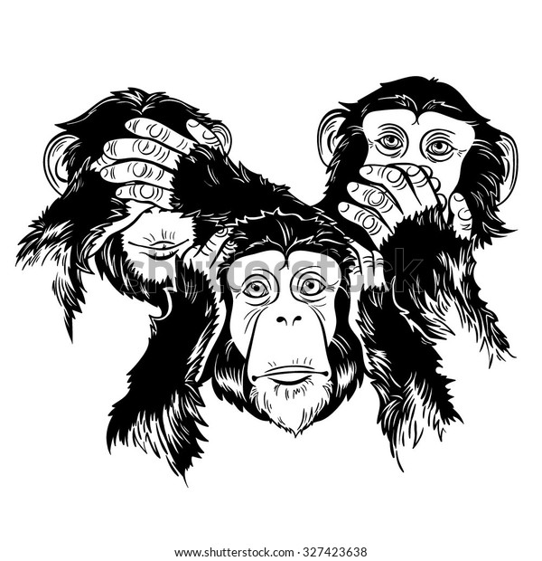 白黒のベクター画像3匹の猿のイラスト のベクター画像素材 ロイヤリティフリー