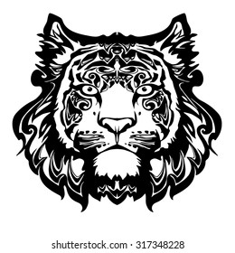 vector black and white tiger head, illustration for design decorative predator