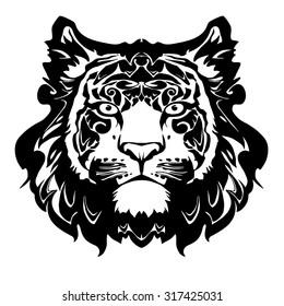 vector black and white tiger head, illustration for design decorative predator