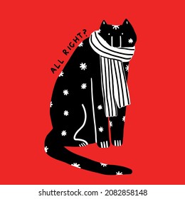 vector black and white tiger in a scarf with humor lettering. Trending symbol of the new year 2022. christmas poster and card.Vibrant funky groove style.Funny bizarre sticker flat animal tiger cub.