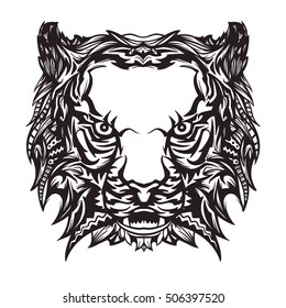 Vector black and white tiger. Tattoo style. Can be used like pattern or print for shirt t-shirt, case or tattoo. Isolated on white background. Colored book.  