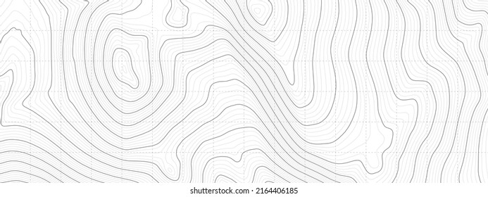 Vector Black White Topography Contour Outline Map With Relief Elevation Abstract Wide Background. Vintage Cartographic Art Old Geographic Territory Treasure Hunt Adventure. Topographic Wide Wallpaper