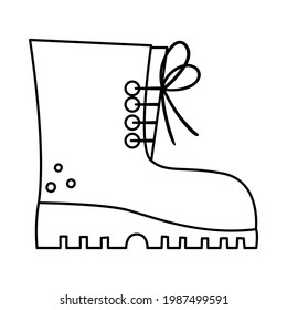 Vector black and white tourist boot illustration. Line hiking shoe icon with laces. Camping foot wear isolated on white background. Outline clothes for active outdoor holidays and tourism. 
