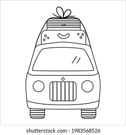 Vector black and white tourist van with suitcases on top. Cute outline camper. Line art camping car illustration. Linear journey vehicle concept. Funny truck icon with bags
