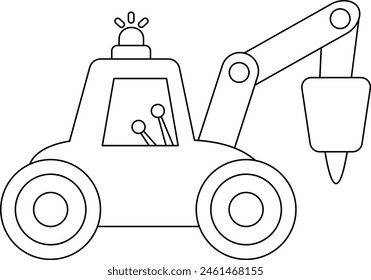 Vector black and white tractor with hydro hummer. Construction site and road work line icon. Building transportation clipart. Cute special transport illustration. Excavator coloring page for kids
