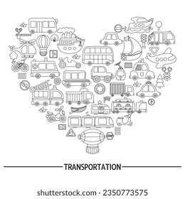 Vector black and white transportation heart shaped frame with bus, car, boat, truck. Line card template design with transport for banners, invitations. Cute road way illustration, coloring page
