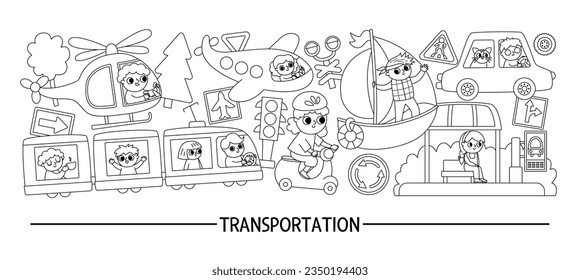 Vector black and white transportation horizontal set with different kinds of transport and cute kids drivers. Line road trip card template, frame design. Cute coloring page with bus, car
