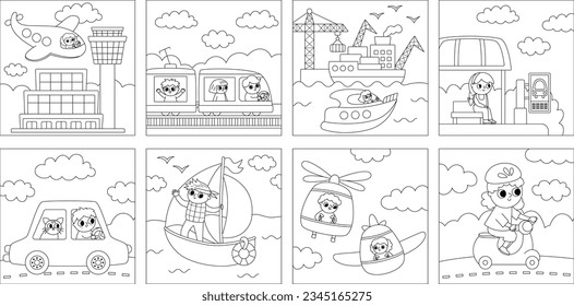 Vector black and white transportation scenes set. Cute line kids driving different transport. City, air, sea, road vehicles square landscapes, coloring page with boys and girl. Cartoon children on car