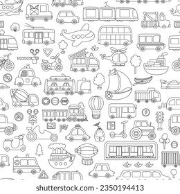 Vector black and white transportation seamless pattern. Funny line water, land, air underground transport repeat background for kids. Cars and vehicles digital paper. Cute coloring page
