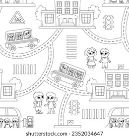 Vector black and white transportation seamless pattern with children. Funny school bus repeating background with driver, little schoolchildren, bus stop, building for kids. Cute coloring page
