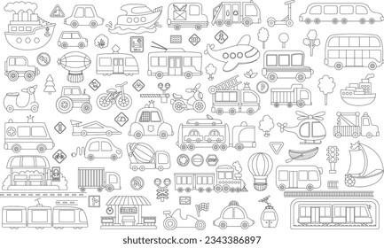 Vektorschwarz-weißer Transportset. Funny Line Wasser, Land, Luft unterirdischen Transport Kollektion für Kinder. Autos und Fahrzeuge, Clipart-Art. Cute-Bahn, LKW, Symbole oder Farbseiten
