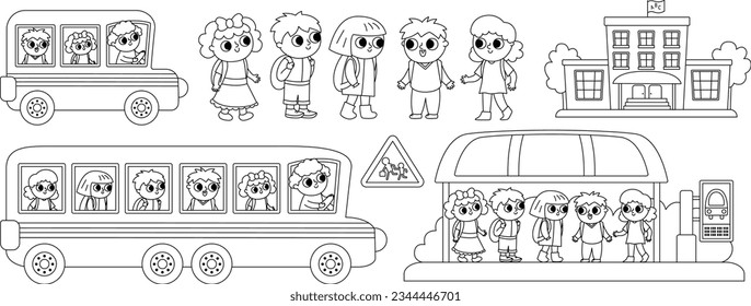 Transporte de vectores en blanco y negro con niños. Graciosa colección de autobuses escolares con conductor, escolares, parada de autobús para niños. Muchacho y muchacha educada esperando la página de coloración del autobús escolar