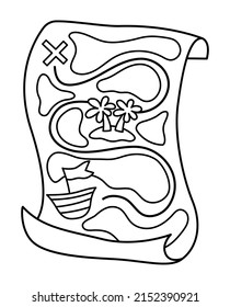 Vector black and white treasure island map icon. Outline pirate plan illustration. Line jewel hunt guide or coloring page. Old sea route paper isolated on white background.
